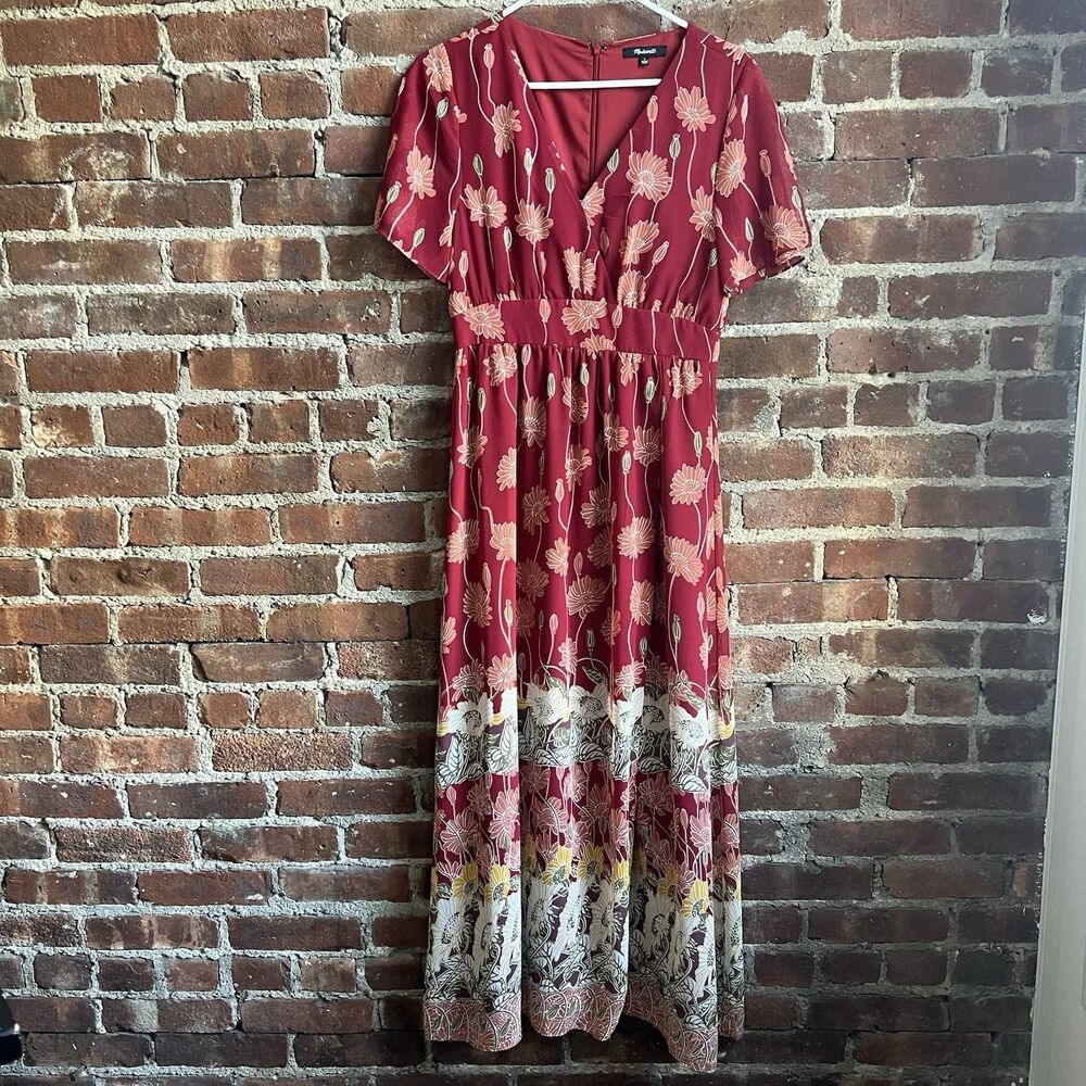 MADEWELL Tulip Sleeve Maxi Dress In Tall Sunflowers Red Chiffon Wedding Sz 4 - Picture 4 of 9